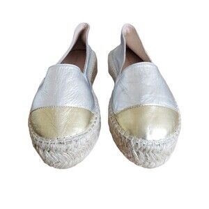 Pure Navy Made In Spain Ladies Gold Silver Leather Espadrille Women's Size 6